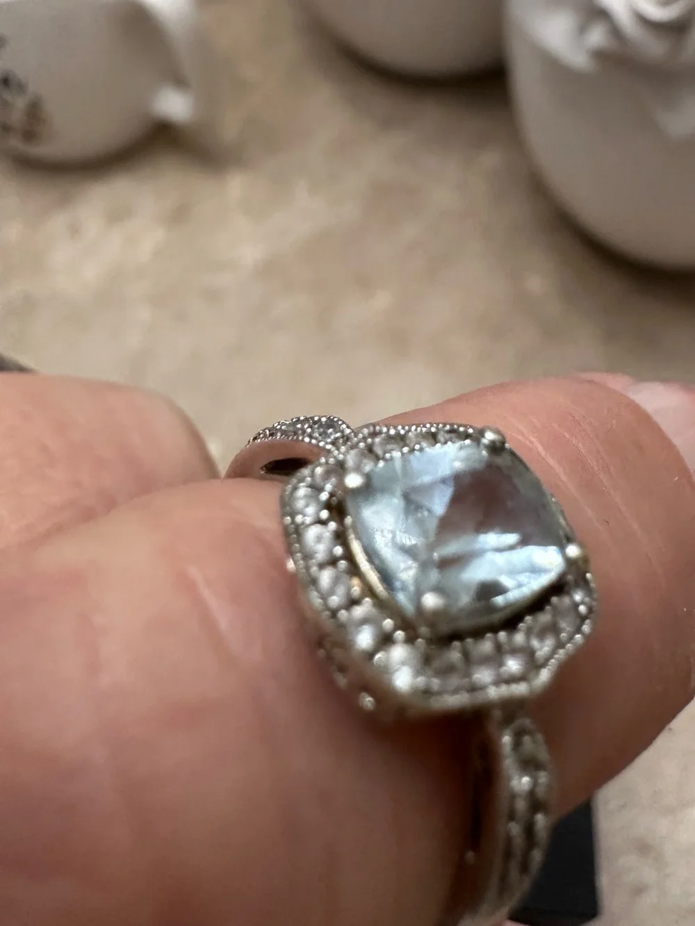 Sterling 425 Silver Blue mosinaite w small diamonds Halo Ring